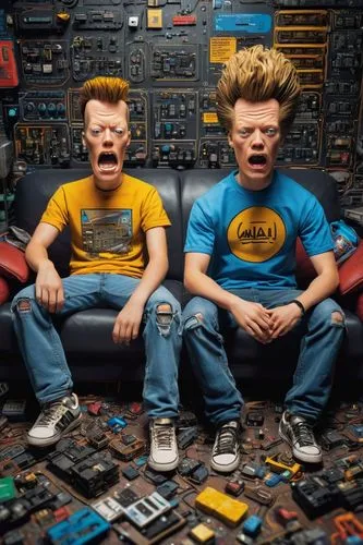 Beavis, Butthead, cartoon characters, duo, sitting on couch, messy room, TV in front, snack foods scattered around, stained t-shirts, ripped jeans, wild hair, sarcastic facial expressions, dirty socks