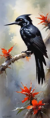 magpie,bird painting,new caledonian crow,corvidae,american crow,fish crow,grackle,3d crow,crows bird,murder of crows,boat tailed grackle,crows,black crow,crow-like bird,birds on branch,birds on a branch,raven bird,red winged blackbird,black bird,common raven,Conceptual Art,Oil color,Oil Color 03