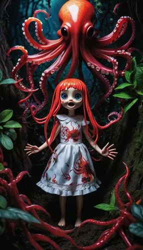 creepy squid doll girl, screaming demon, teeth, blood, anger, nightmare, black goo, tentacles, glowing eyes, playing, smiling,Ariel in Wonderland,saionji,deepsea,cnidaria,maruma,deep sea,anabelle,Phot