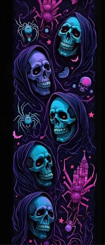 a wall with colorful skulls in the background,neon ghosts,skull rowing,day of the dead icons,skulls,scroll wallpaper,day of the dead frame