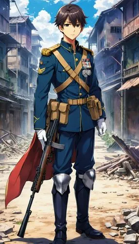 A handsome male character for an RPG story between 1912 and 1915, in a world devastated by war. This man holding a rifle and a military uniform.,horikawa,ike,mackensen,katsuyuki,banagher,kazuhisa,mili