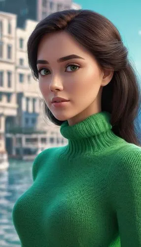 The image is a portrait of a young woman with long dark hair. She is wearing a bright green turtleneck sweater and is posing with her hand on her chin, looking directly at the camera with a serious ex