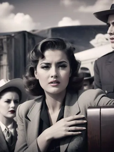 Historical scene in Texas,a woman leaning on the back of a chair with another man behind her,madhubala,1940 women,vintage man and woman,siodmak,kindertransport,pleasantville,Photography,Black and whit