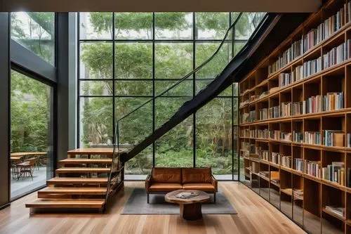 Modern architectural library, grand atrium, high ceiling, natural light pouring in, rows of wooden shelves, neatly organized environmental architecture books, leather-bound classics, modern paperbacks