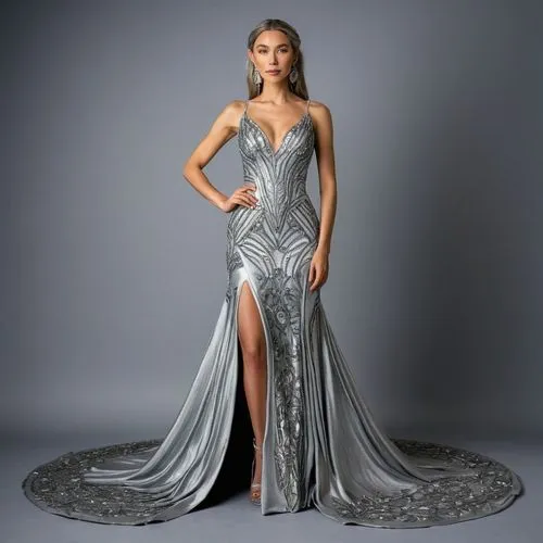 a floor-length dress,eveningwear,evening dress,gown,silver,siriano,Illustration,Realistic Fantasy,Realistic Fantasy 41