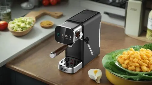 产品使用的厨房场景图,an espresso machine on a kitchen counter with chopped up food,kitchen grater,cheese grater,spice grater,pasta maker,knife block,beer dispenser