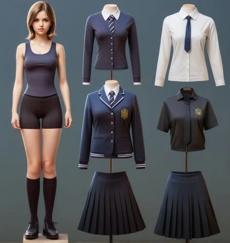 Paper dolls British 16 year old schoolgirl in black sleeveless shirt ,black tight fit spandex shorts with black sock and black shoe standing surrounded by with a set of British school uniform, white d