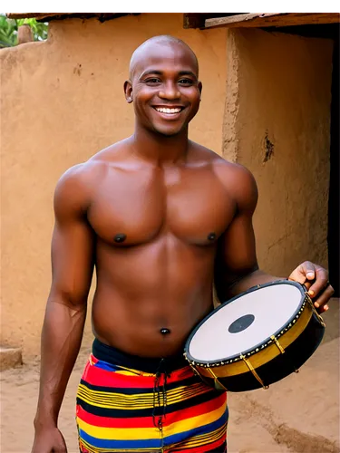 African man, Ghanaian, traditional clothing, Kente cloth, colorful patterns, bright smile, dark skin, shaved head, gold earrings, holding a drum, standing in front of a mud hut, natural surroundings, 