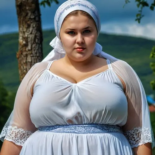 A young busty obese Russian Orthodox woman, 25 years old, modest, dressed in a long skirt and a  wet white camisole top, wearing a headscarf. She radiates modesty and light, she is completely wet,a fa