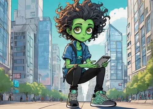 Reddit alien, green skin, big eyes, messy hair, casual wear, ripped jeans, black sneakers, holding a smartphone, scrolling through Reddit, surprised expression, speech bubble above head, modern city b