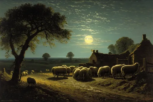 dutch landscape,farm landscape,rural landscape,night scene,shepherds,east-european shepherd,andreas achenbach,the sheep,shepherd,home landscape,village scene,groenendael,the good shepherd,sheep knitting,constable,shepherd romance,farmhouse,evening atmosphere,pasture,wool sheep,Illustration,Black and White,Black and White 26