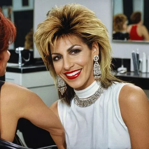 Portrait of  attractive elegant rich happy smiled laughing red lipsticked 40 years old arabic woman applying red lipstick  in large button square earrings with 1980s style mullet  hair, sitting in the