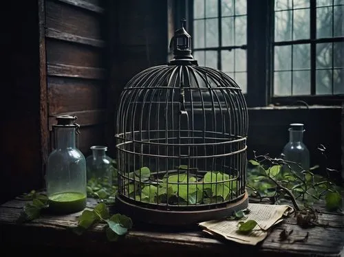 bird cage,birdcage,vintage lantern,cage bird,bird house,conceptual photography,witch house,terrarium,aviary,still life photography,witch's house,bird home,lostplace,dandelion hall,the finch,cage,pigeon house,nest workshop,herbal cradle,potions,Illustration,Realistic Fantasy,Realistic Fantasy 15