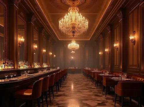 Luxurious nightclub, neoclassical design, grand chandelier, dark brown cork walls, warm golden lighting, velvet drapes, ornate mirrors, high ceilings, marble floors, detailed moldings, Corinthian colu