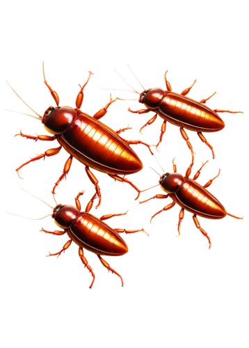 Cockroach illustration, multiple cockroaches, different breeds, brown body, shiny exoskeleton, long antennae, compound eyes, six legs, scurrying, crawling, climbing, realistic texture, detailed wings,