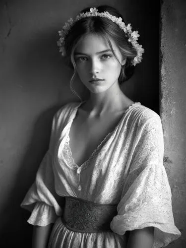 beautiful woman,an attractive woman wearing a dress and a floral head piece,vintage woman,vintage female portrait,milkmaid,vintage angel,victorian lady,vintage girl,Photography,Black and white photogr