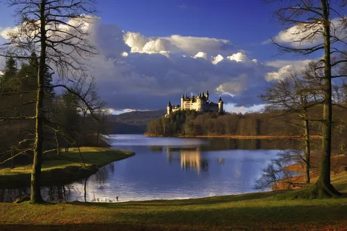 lake, Trakoscan Castle, viewes, winter, Coartia, trees, clouds,alnwick castle,fairytale castle,moated castle,fairy tale castle,water castle,trossachs national park - dunblane,scotland,chambord,castel,