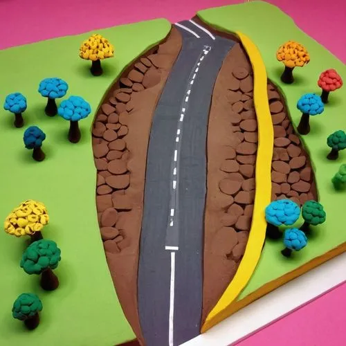 clipart cake,roadbuilding,carreteras,hairpin,bad road,road cover in sand,Unique,3D,Clay