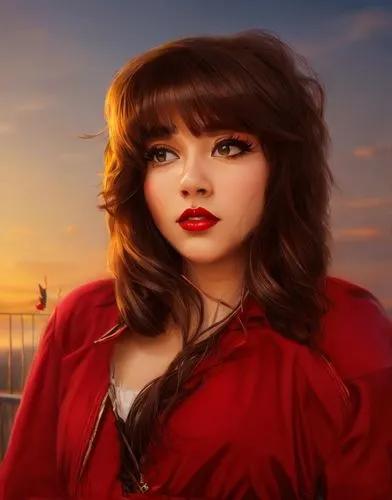 a portrait of a beautiful latina girl 23 years old black hair, red lips, wearing a red dress stand up in a balcony whit the golden Gate bridge in the night as background in 4k,fantasy portrait,digital