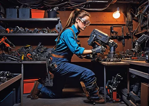 female mechanic, disassembling, PAL box, focused expression, safety goggles, ponytail, grease smudges on face, denim overalls, tool belt, wrench in hand, robotic parts scattered, workshop setting, she