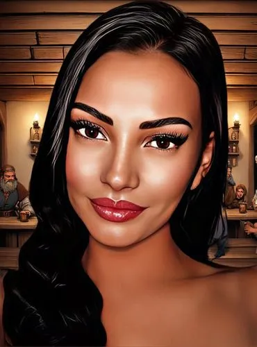 counter of an medieval fantasy tavern with medieval people in the backround, cartoon comic,a lady's face in a bar,woman at cafe,custom portrait,kimberlee,indiginous woman,beautiful