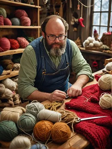 Middle-aged man, ugly Christmas sweater designer, bespectacled, receding hairline, bushy eyebrows, thick beard, worn jeans, faded apron, surrounded by balls of yarn, half-finished sweaters, scissors, 