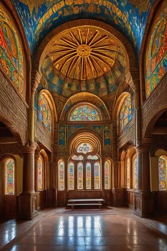 Ancient Ethiopian architecture, St. George's Cathedral, Addis Ababa, ornate stone carvings, colorful stained glass windows, intricate wooden doors, vibrant patterns on walls, grand domed ceiling, intr