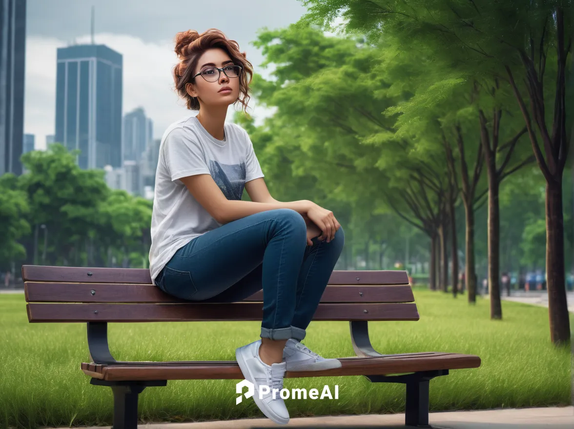 office worker, slacking off, casual pose, glasses, messy hair, minimal makeup, relaxed outfit, t-shirt, jeans, sneakers, sitting on a bench, urban park, green trees, cityscape background, overcast lig