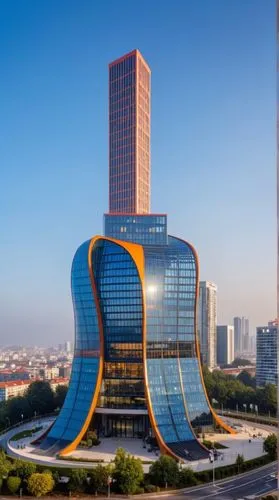 an impressive architectural design of a futuristic building, possibly inspired by the form of a peeled banana. The building features sweeping, curved structures that resemble the elegant, elongated pe