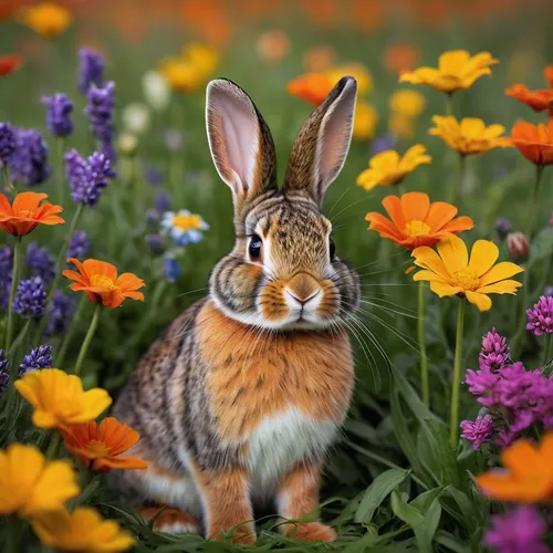 Compose a vibrant bunny picture in a field of colorful flowers.,bunny on flower,european rabbit,european brown hare,mountain cottontail,eastern cottontail,audubon's cottontail,dwarf rabbit,cottontail,