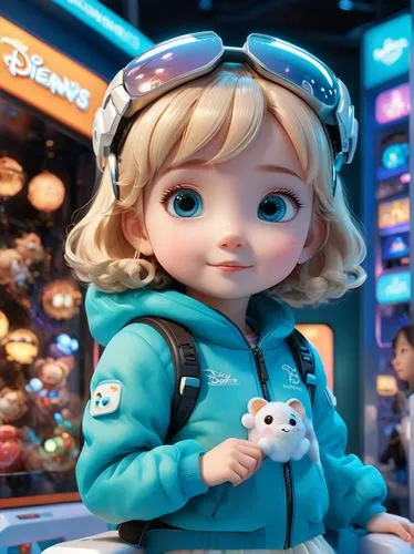 kuhia kawaii character on ice bench, in the style of hyper-realistic sci-fi, vray tracing, alan bean, hikari shimoda, teal and beige, cute and dreamy,a blonde doll dressed in blue wearing sunglasses a