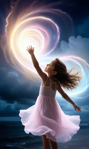 In the heart of a surreal dreamscape, a radiant little girl, bursting with radiant passions, floats through a breathtaking display of ethereal light. She curls her arms and embraces the twists and tur