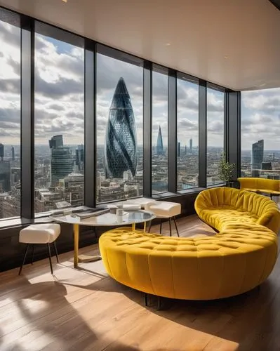 Luxury interior design company, London cityscape, modern skyscraper, glass facade, sleek minimalist office space, wooden floorboards, white walls, floor-to-ceiling windows, urban city view, busy stree