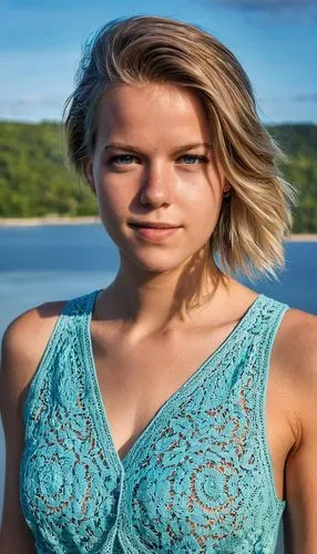 a young lady with blonde hair in a turquoise shirt looking at the camera,kail,azarenka,agnete,borghild,eilidh,monypenny,Photography,General,Realistic