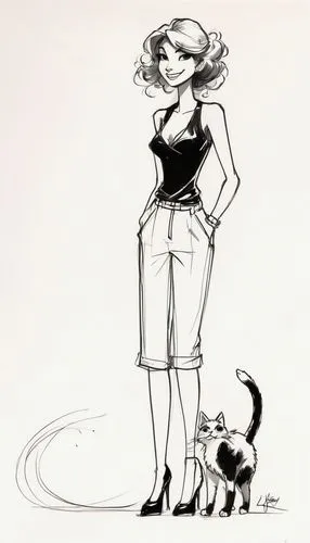 girl with dog,ritriver and the cat,pinup girl,cat mom,cat cartoon,pin up girl,pin-up girl,cat doodles,black cat,domestic short-haired cat,dog and cat,dog illustration,catwoman,vintage drawing,dog walker,pin ups,pin up,capricorn mother and child,cat drawings,fashion illustration,Illustration,Black and White,Black and White 08