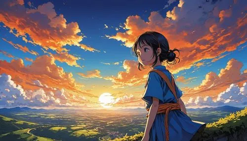 sky,meteora,studio ghibli,mountain sunrise,rising sun,the horizon,sunset,horizon,dusk background,blue sky clouds,summer sky,aonori,magi,dawn,azure,sunrise,dusk,himuto,blue sky,fantasia,Illustration,Japanese style,Japanese Style 05