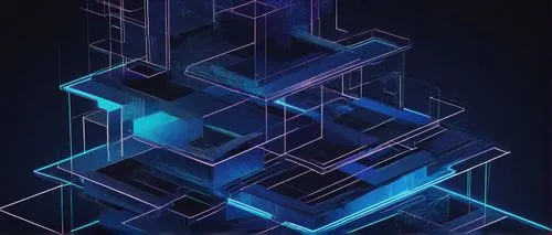 Layered architecture diagram, technical illustration, futuristic design, 3D visual, detailed nodes, connections, flows, abstract shapes, glowing lines, neon lights, dark blue background, subtle gradie