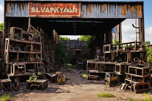 Abandoned architectural salvage yard, morning sunlight, old wooden crates, rusty metal scraps, broken bricks, cracked concrete blocks, vintage construction signs, distressed wood textures, peeling pai