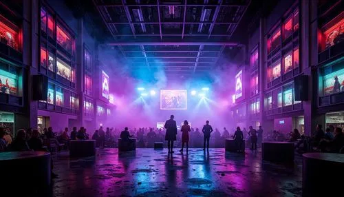 Vibrant nightclub, neon-lit dance floor, pulsating strobe lights, dark mysterious atmosphere, sleek metallic accents, glossy black surfaces, radiant LED walls, fog machines, misty ambiance, purple and