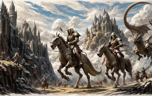 a painting shows a battle between the knights and a dragon,rohirrim,gondolin,dragonlance,dragonriders,heroic fantasy,beleriand