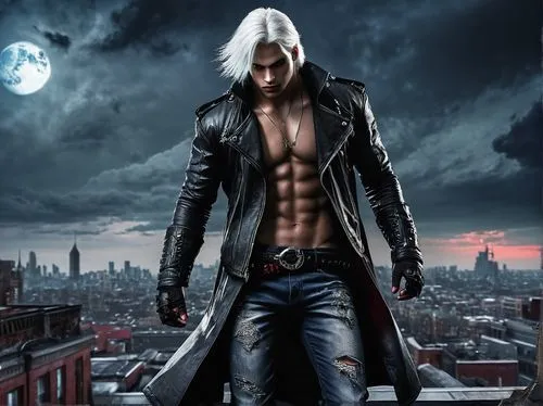 Virgil, Devil May Cry, demonic creature, muscular build, white hair, piercing blue eyes, intricate tattoos on arms, black leather jacket, red lining, silver buttons, ripped jeans, combat boots, imposi