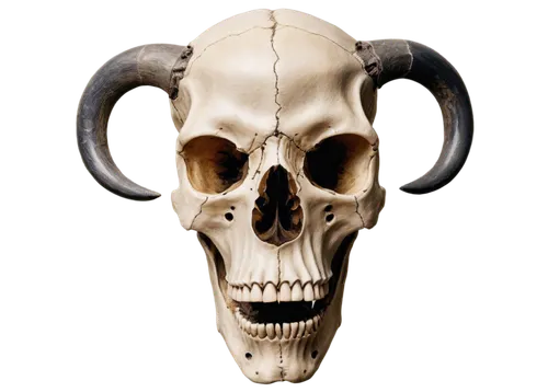 Horse skull, front view, detailed bone structure, empty eye sockets, sharp teeth, white nasal bone, black nostrils, greyish-white color, smooth texture, symmetrical composition, central lighting, high