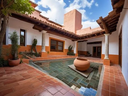 DISEÑO DE UNA CASA ESTILO MEXICANO MODERNO, CON UN CLAUSTRO CONFORMADO POR UNA TERRAZA  A BASE DE VIGAS DE MADERA, TEJA, COLUMNAS REDONDAS, EN EL CENTRO UN ESPEJO DE AGUA, CON EL ESTILO DE LA ARQUITEC