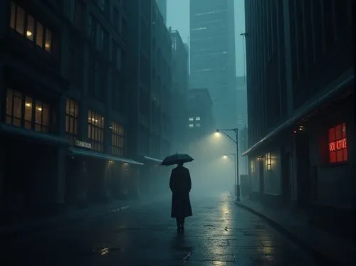 bladerunner,noir,alley,gotham,man with umbrella,alleyway,walking in the rain,alleyways,blind alley,yonge,rainfall,manhattan,film noir,deakins,street lantern,black city,evening atmosphere,night scene,atmospheres,sidestreet,Photography,General,Realistic