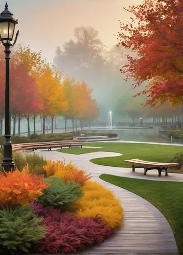 autumn park,autumn in the park,autumn scenery,autumn landscape,autumn background,fall landscape,autumn fog,autumn morning,walk in a park,colors of autumn,autumn idyll,park bench,landscape background,splendid colors,tree lined path,autumn round,autumn day,autumn walk,the autumn,one autumn afternoon,Illustration,Vector,Vector 07