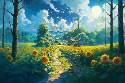 blooming field,sunflower field,fantasy landscape,flower field,meadow landscape,landscape background,dandelion meadow,dandelion field,field of flowers,nature landscape,pathway,flowers field,forest landscape,rural landscape,high landscape,summer meadow,studio ghibli,yellow garden,sunflowers,home landscape