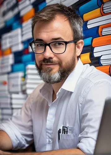 Software architect, middle-aged man, bespectacled, short brown hair, beard, white shirt, dark blue jeans, sitting at desk, surrounded by programming books, laptop, coffee cup, modern office background