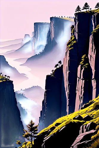 skylands,mountain scene,canyon,cliffsides,mountain landscape,mountainous landscape,mountain plateau,canyons,karst landscape,mountain world,cliffs,mountainside,valley,cliffside,mountainsides,mountains,mountain slope,futuristic landscape,alpine landscape,meteora,Art,Artistic Painting,Artistic Painting 43