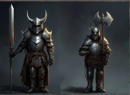 Miniature of fantasy darkness warrior soldier and Dark knight ,two medieval armor designs, one with an iron helmet and one with a demon's head,knight armor,oryxes,armors,turnarounds,paladin,warden,sir