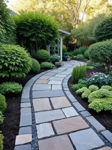 beautiful garden with stone pavers and a stone lined walkway,a paved garden path with a light colored cobblestone pathway,landscape designers sydney,pearl border,landscape design sydney,landscaped,sto